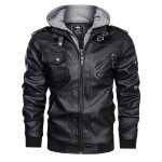 Veste homme  capuche detachable de marque veste  poches multiples parka homme en simili cuirnoir