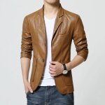 Veste homme en cuir jaune - funmoon - coupe slim col tailleur ouverture boutonne