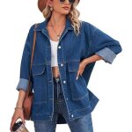 Veste en jean boutonne pour femme - marque - modle - col rabattu - grandes poches - bleu