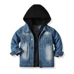 Veste en jeans enfant garcon  capuche printemps et automne veste mi saison couleur unie