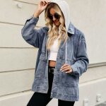 Veste en jeans femme capuche mi saison avec poches casual veste denim lache pour printemps et automne ...