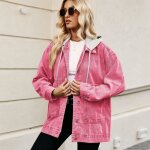 Veste en jeans femme capuche mi saison avec poches casual veste denim lache pour printemps et automne ...