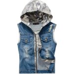 Veste en jeans sans manches gilet à capuche gilet en jean déchirés ouverture zippée Veste en jeans sans manches gilet à capuche gilet en jean déchirés ouverture zippée