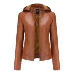 Veste en pu cuir pour femmes - mobigarlan - slim  capuche moto avec velours - marron