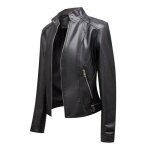 Veste en pu cuir femme - mobigarlan - xh295 - col montant - poches fonctionnelles - noir