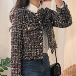 Veste en tweed pour femme - noir - col rond - manteau en laine ample  manches longues
