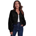 Veste en velours c�tel� pour femme veste courte � manches longues automne et hiver noir