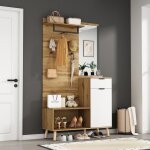 Vestiaire dentre 10437190cm - naturel + blanc - redom - avec miroir 1 tiroir et 1 porte banc  chaussures ...