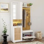 Vestiaire dentre 110x38x190cm - okwish - miroir 5 patres dores clairage led - blanc + naturel