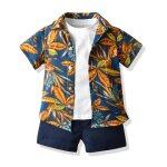 Vetement 3 pieces enfant garcon ensemble chemise hawa�enne t - shirt et short ete pour vacances