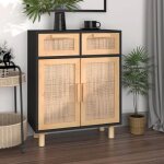 Vidaxl buffet noir 60x30x75 cm bois de pin massif et rotin naturel 345637