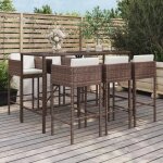 Vidaxl ensemble de bar de jardin avec coussins 7 pcs marron poly rotin ensemble de table de bar table ...