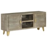 Vidaxl meuble tv bois solide de manguier gris avec laiton 110x30x48 cm