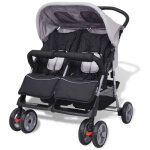 Vidaxl poussette � deux places acier gris et noir pliable landau denfant b�b� 10110