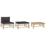 Salon de jardin - vidaxl - 3 pcs - bambou - coussins gris foncé - modulable et élégant Salon de jardin - vidaxl - 3 pcs - bambou - coussins gris foncé - modulable et élégant