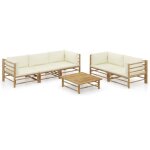 Vidaxl salon de jardin 6 pcs avec coussins blanc cr�me bambou
