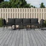 Vidaxl salon de jardin 7 pcs avec coussins gris bambou acier ensemble de salon extrieur ensemble de ...
