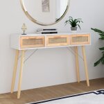 Vidaxl table console blanc 105x30x75 cm bois massif pin - rotin naturel 345627