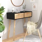 Vidaxl table console noir 80x30x75 cm bois massif pin / rotin naturel 345625