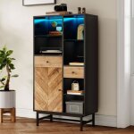 Vitrine - okwish - moderne - �clairage led 12 couleurs - 2 tiroirs - 1 porte - noir et bois