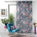 Voilage tamisant - home maison - 140 x 240 cm - motif fleuri - couleur p�trole - style romantique