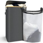 Vounot� panier � linge pliable avec roulettes 100l - avec sac amovible et couvercle - cadre en bambou ...
