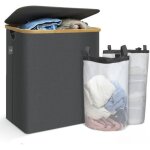 Vounot� panier � linge pliable avec roulettes 145l - avec 2 sac amovible et couvercle - cadre en bambou ...