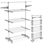 Vounot s�choir � linge pliable avec roulettes - �tendoir mobile 3 niveaux - ailes pliables - barre t�lescopiqu ...