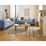 Walter - canapé 3 places chesterfield en velours - pieds bois - bleu ardoise Walter - canapé 3 places chesterfield en velours - pieds bois - bleu ardoise