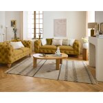Walter - canapé 3 places chesterfield en velours - pieds bois - jaune Walter - canapé 3 places chesterfield en velours - pieds bois - jaune