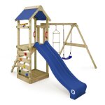 Wickey aire de jeux portique bois freeflyer avec balanoire et toboggan bleu maison enfant extrieure ...