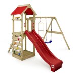 Wickey aire de jeux portique bois freeflyer avec balanoire et toboggan rouge maison enfant extrieure ...