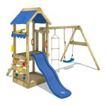Wickey aire de jeux portique bois freshflyer avec balanoire et toboggan bleu maison enfant exterieur ...