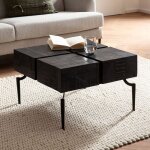 Wohnling table basse carr�e bois massif m�tal 60x60x40 cm table salon noir