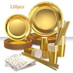 Xjydncg 120pcs kit vaisselle jetable anniversaire or assiette dner tasse serviette papier paille pour ...
