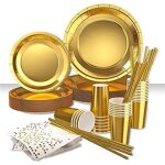 Xjydncg 120pcs kit vaisselle jetable anniversaire or assiette dner tasse serviette papier paille pour ...