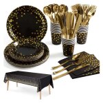Xjydncg 141pcs noir or party vaissellekit vaisselles anniversaire assiette d�ner papier tasse serviette20 ...