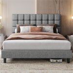 Yaheetech lit double 2 personnes capitonné carré 160×200cm tête de lit avec sommier à lattesen bois massif ... Yaheetech lit double 2 personnes capitonné carré 160×200cm tête de lit avec sommier à lattesen bois massif ...