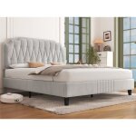 Cadre de lit 160x200cm avec t�te de lit capitonn�e r�glable sommier � lattes inclus pieds en bois massif ...