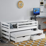 Martine - lit gigogne avec barri�re de s�curit� et tiroirs de rangement pour enfant - blanc - 80 cm x ...