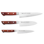 Coffret de couteaux japonais satake cutlery brown pakka chef + santoku + office