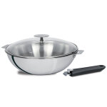 Set cristel wok casteline inox 28cm + couvercle verre platine + poigne mutine 2 noire