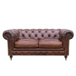 Canap chesterfield 2 places marron en cuir pleine fleur chicago vintage