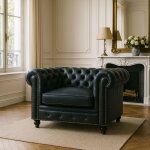 Fauteuil chesterfield cuir noir finition moderne glasgow