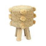 Tabouret bohme chic naturel  pompons en bois de teck, raphia