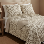 Boutis fleurs vichy taupe 230 x 250 cm + 2 taies d'oreiller 65 x 65 cm - mt - mondial tissus