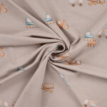 Maille jersey bambou douce imprim�e digital camion de chantier taupe - mondial tissus