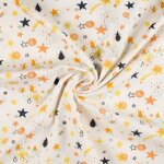 Maille jersey coton paillete imprime galaxie orange, bleue et grise - mondial tissus