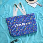 Sac cabas matelass� fleuri  ; c'est la vie ; bleu 44 x 35 x 10 cm - stof - mondial tissus