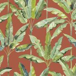 Tissu bachette �paisse palmier exotica fond rouge tomette 280cm - thevenon - thevenon - mondial tissus ...